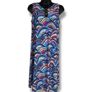 Medium Ivy Road Colorful Swirl Print Dress Stretch Blue Purple Gold Cutout